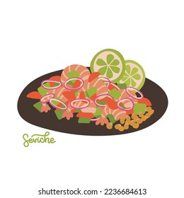 Peru ceviche. Latin American Cuisine. Seviche salad. Seafood with avocado and onions. Vector flat hand drawn illustration.