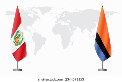 Peru and Chagos Islands flags for official meeting against background of world map.
