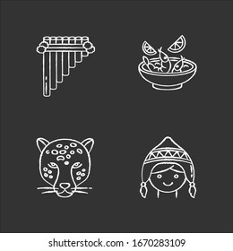 Peru chalk white icons set on black background. Peruvian art, cuisine, animal world, costume. Siku, ceviche, jaguar, chullo hat. Customs of andean culture. Isolated vector chalkboard illustrations