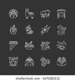 Peru chalk white icons set on black background. Peruvian sights, culture, nature, cuisine. Alpaca, guinea pig, siku, poncho, cherimoya, ceviche, jaguar. Isolated vector chalkboard illustrations