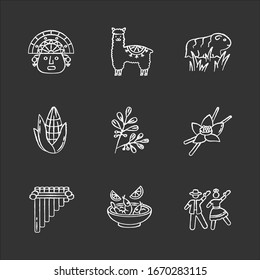 Peru chalk white icons set on black background. Hispanic history, traditions, culture. Incas, alpaca, guinea pig, corn, coca, vanilla, ceviche, marinera. Isolated vector chalkboard illustrations