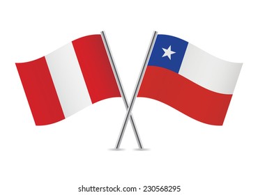 Peru and Chile crossed flags. Peruvian and Chilean flags on white background. Vector icon set. Vector illustration.