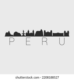 Peru City Skyline. Silhouette Illustration Clip Art. Travel Design Vector Landmark Famous Monuments.