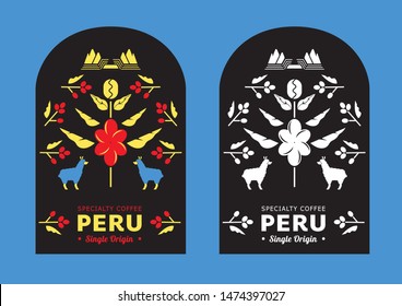 Peru coffee label with mountain lama and machu Picchu vector illustration