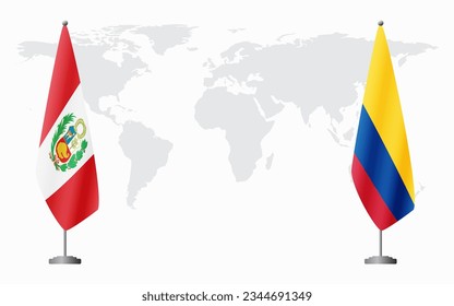Peru and Colombia flags for official meeting against background of world map.