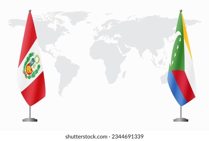 Peru and Comoros flags for official meeting against background of world map.