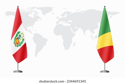 Peru and Congo Brazzaville flags for official meeting against background of world map.