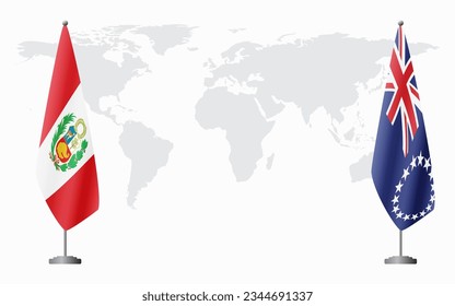 Peru and Cook Islands flags for official meeting against background of world map.