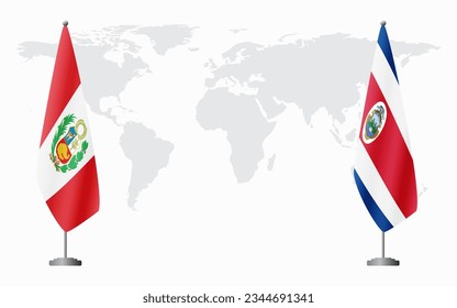 Peru and Costa Rica flags for official meeting against background of world map.