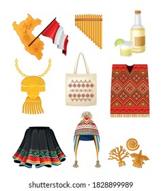 Peru Country Attributes with National Clothing and Beverage Vector Set