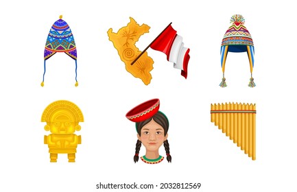 Peru Country Attributes with Panpipe, Totem and Country Border or Boundary Vector Set