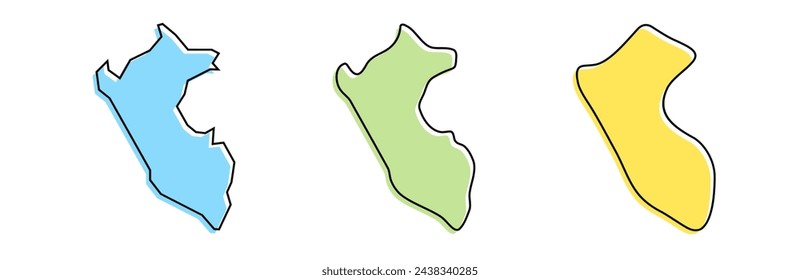 Peru country black outline and colored country silhouettes in three different levels of smoothness. Simplified maps. Vector icons isolated on white background.
