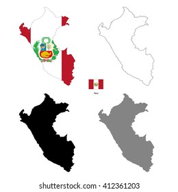 Peru country black silhouette and with flag on background, isolated on white