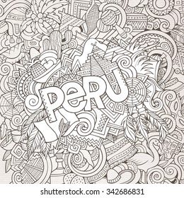 Peru country hand lettering and doodles elements and symbols background. Vector hand drawn sketchy illustration