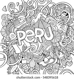 Peru country hand lettering and doodles elements and symbols background. Vector hand drawn sketchy illustration