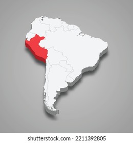 Peru country location within South America. 3d isometric map 