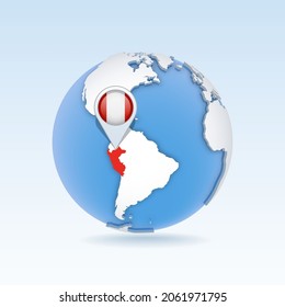 Peru - country map and flag located on globe, world map. 3D Vector illustration