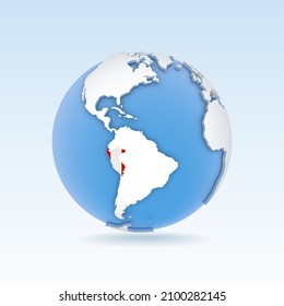 Peru - country map and flag located on globe, world map. 3D Vector illustration