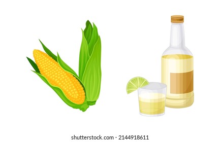 Peru country related symbols set. Pisco alcoholic drink and corncob cartoon vector illustration
