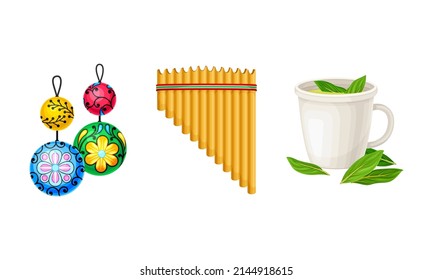 Peru country related symbols set. Panpipe, tea with mate de coca leaves and cartoon vector illustration