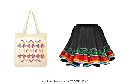 Peru country related symbols set. National clothing and bag with traditional ornament cartoon vector illustration