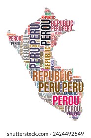 Peru Land Form Wort Wolke. Typografie Stil Land Illustration. Peru-Bild im Text-Cloud-Stil. Vektorgrafik.