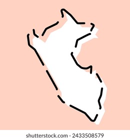 Peru country simplified map. White silhouette with black broken contour on pink background. Simple vector icon
