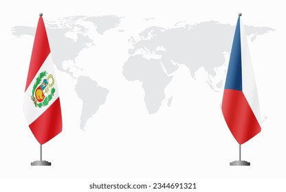 Peru and Czech Republic flags for official meeting against background of world map.