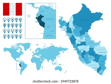 Peru detaillierte administrative blaue Karte mit Länderflagge und Lage auf der Weltkarte.