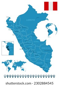 Peru - detailed blue country map with cities, regions, location on world map and globe. Infographic icons. Vector illustration