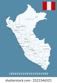 Peru - detailed blue country map with cities and regions. Infographic icons. Vector illustration