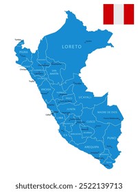 Peru - detailed blue country map with cities and regions. Vector illustration.