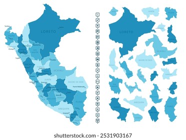 Peru - detailed map of the country in blue colors, divided into regions. Infographic icons. Vector illustration.