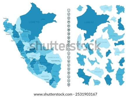 Peru - detailed map of the country in blue colors, divided into regions. Infographic icons. Vector illustration.