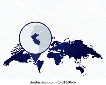 Peru detailed map highlighted on blue rounded World Map. Map of Peru in circle.