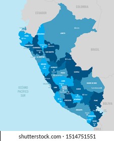 Peru detailed vector map with divided regions, provinces, departments and capitals easy to ungroup. Flat style vector illustration.