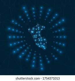 Peru digital map with glowing rays radiating from the country. Network connections and telecommunication design. Vector illustration.