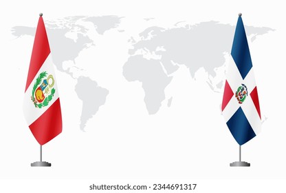 Peru and Dominican flags for official meeting against background of world map.