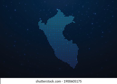 Peru dotted map in futuristic style, glowing outline made of stars lines dots. Communication, internet technologies concept on dark blue space background. Vector illustration.