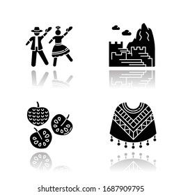 Peru drop shadow black glyph icons set. Andean tourist attractions. Marinera, Machu Picchu, cherimoya, poncho. Trip in Latin America. Isolated vector illustrations on white space