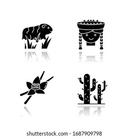 Peru drop shadow black glyph icons set. Incas country features. Guinea pig, peruvian girl, vanilla, cactuses. Andean region traditions and nature. Isolated vector illustrations on white space