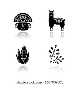 Peru drop shadow black glyph icons set. Andean country features. Alpaca, incas, corn, coca. Incas history, and life traditions. Peruvian customs. Isolated vector illustrations on white space