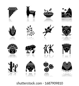 Peru drop shadow black glyph icons set. Peruvian sights, culture, nature, cuisine. Alpaca, guinea pig, siku, poncho, cherimoya, ceviche, jaguar. Isolated vector illustrations on white space