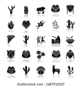 Peru drop shadow black glyph icons set. Andean country sights, traditions, cuisine, agriculture, animals. Siku, cherimoya, jaguar, incas, marinera. Isolated vector illustrations on white space