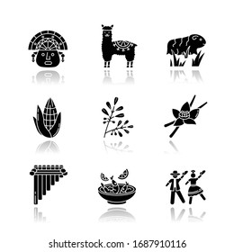 Peru drop shadow black glyph icons set. Hispanic history, traditions, culture, cuisine. Incas, alpaca, guinea pig, corn, coca, vanilla, ceviche, marinera. Isolated vector illustrations on white space