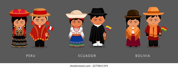 Peru, Ecuador, Bolivia ethnic costume. Woman wearing traditional dress, man with national flag. Latin American couple. Vector flat illustration.