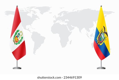 Peru and Ecuador flags for official meeting against background of world map.