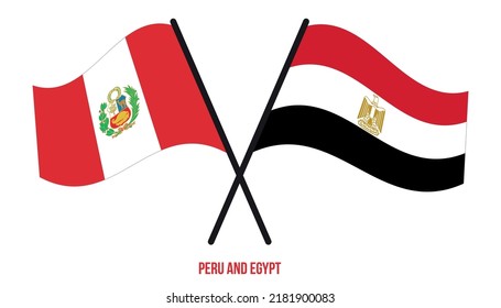 Banderas de Perú y Egipto cruzadas y ondeando estilo plano. Proporción oficial. Colores correctos.