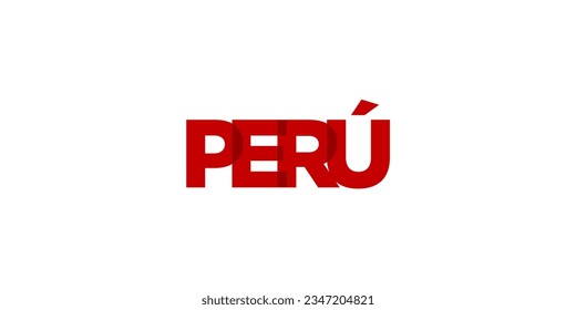 Peru-Emblem für Druck und Web. Das Design zeichnet sich durch geometrischen Stil, Vektorgrafik mit gewagter Typografie in moderner Schrift aus. Grafische Slogan-Schrift einzeln auf weißem Hintergrund.