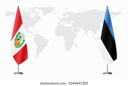 Peru and Estonia flags for official meeting against background of world map.